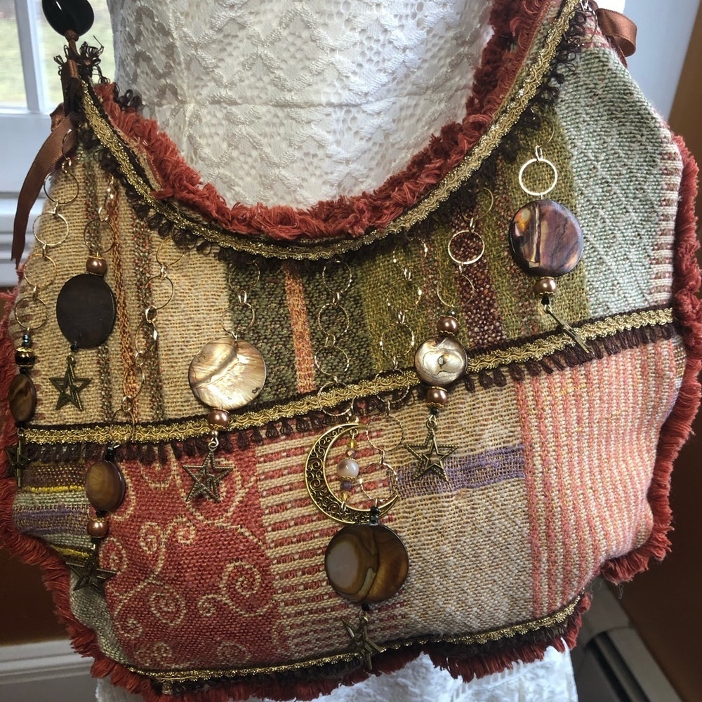 Handmade Boho hippy Fringe Bag with new & recycled fabric kukiu nuts,moon,stars - Picture 6 of 17